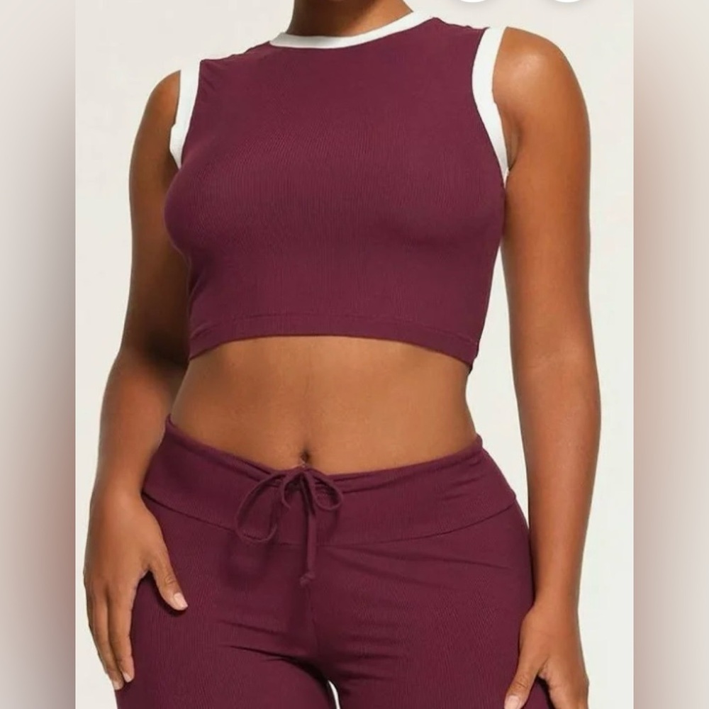 Skims Ringer Tank Crop Top Fitted Stretchy Knit White Trim Burgundy Red Size XXS